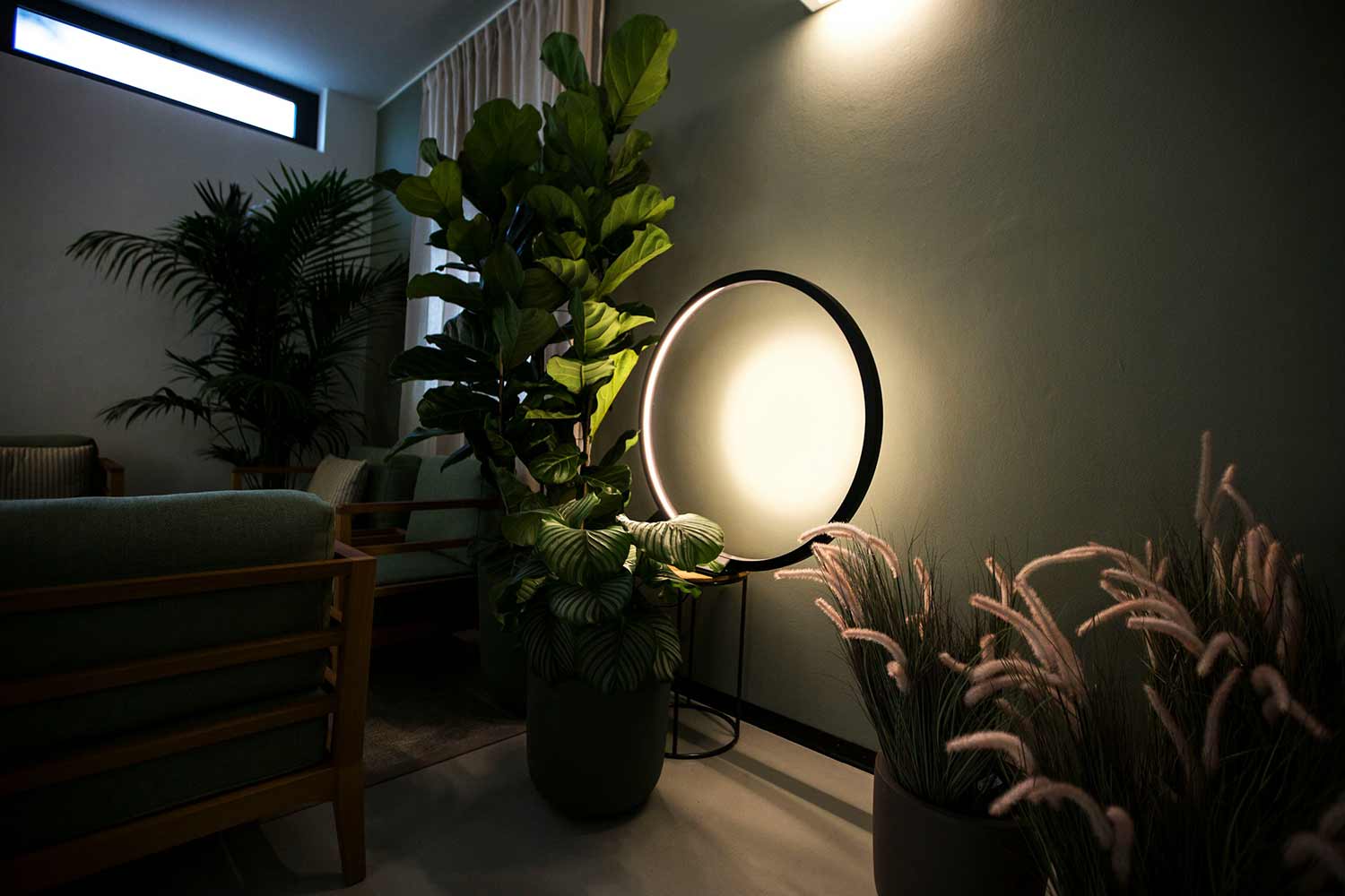 Modern energy-efficient LED lighting system providing warm illumination in a contemporary interior